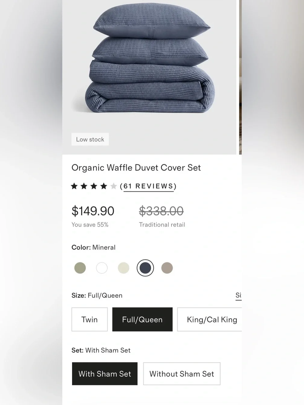 Quince Organic Waffle 3 Pc Duvet Cover Set, Full/Queen (Mineral)